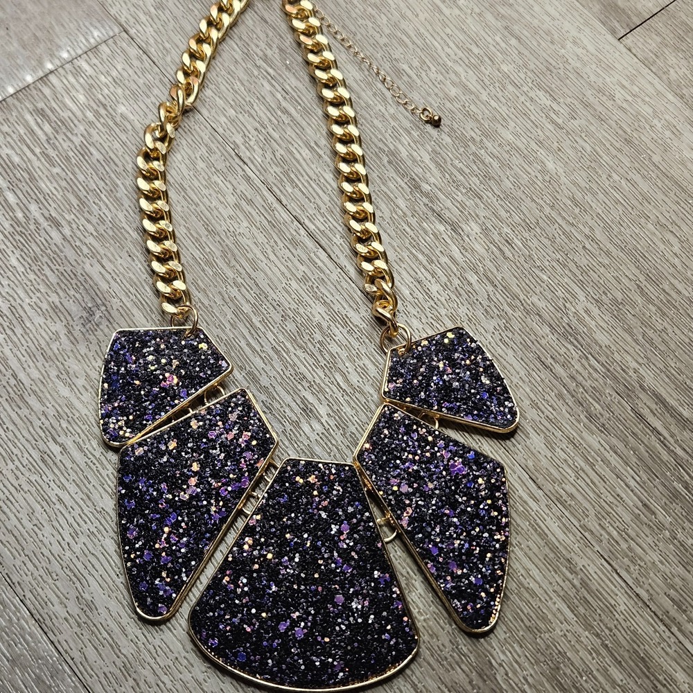 VTG Purple Cleopatra Geometric Bib Necklace Gold Tone Chunky Statement Egyptian